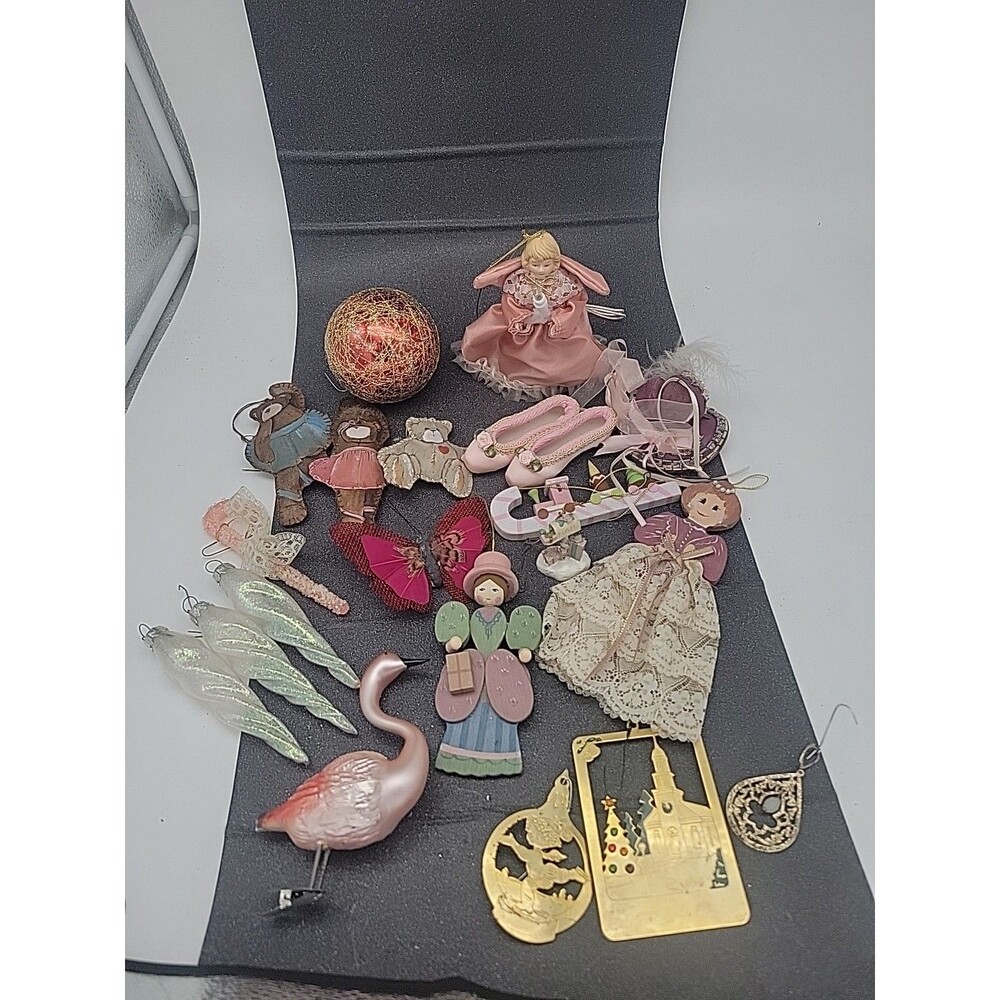 Vtg Victorian Style Christmas Ornaments Mix Lot of 20 Lace Angel Ballerina Brass